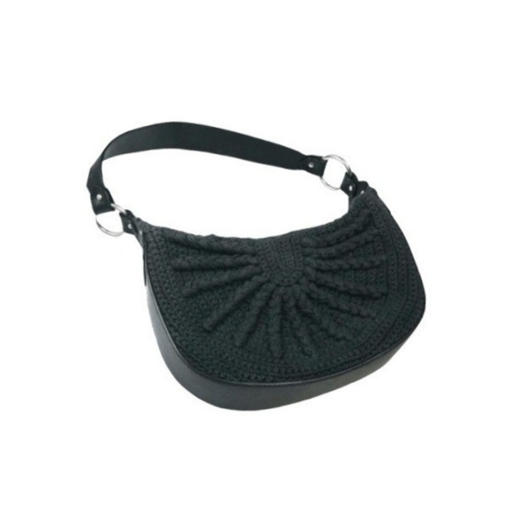 Vintage St John Black Crochet Knit Leather Shoulder Bag Hobo Crescent Shape